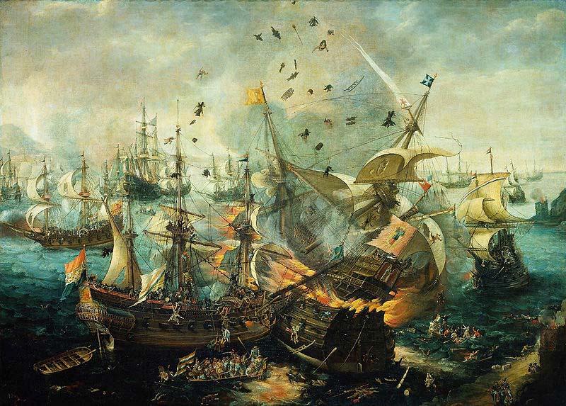 The explosion of the Spanish flagship during the Battle of Gibraltar, 25 April 1607, Cornelis Claesz. van Wieringen